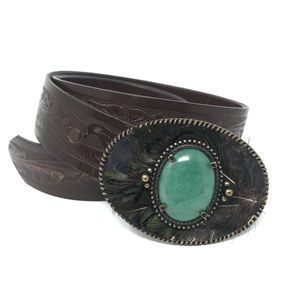 Feather Stone Oval Brass Buckle & leather Belt